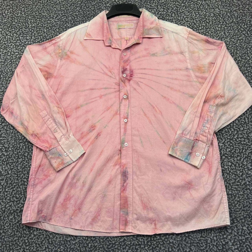 Michael Kors Button Up Shirt Men 17 1/2 34/35 Pink Tie Dye Long Sleeve Cotton